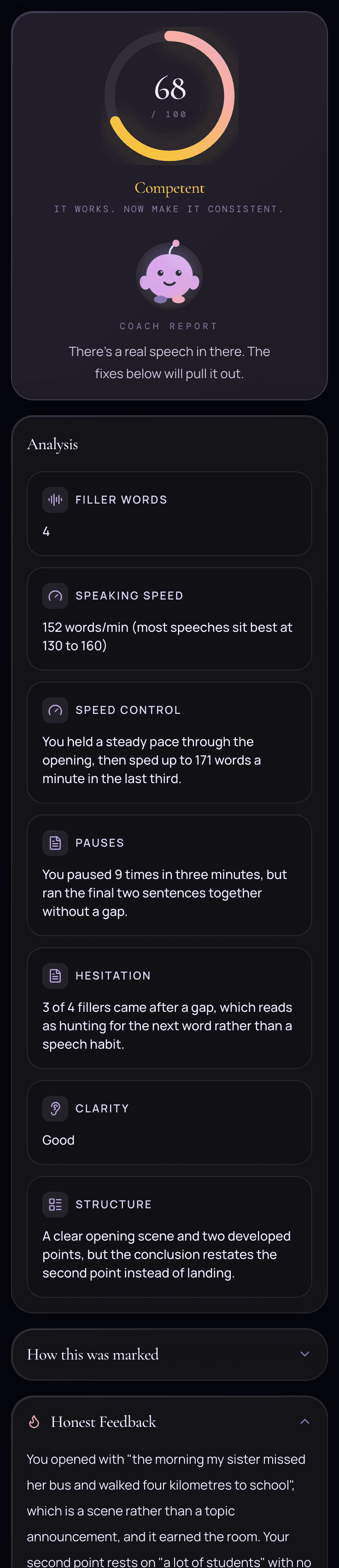 A finished coach report scrolling on a phone: a score of 68 out of 100 marked Competent, then the analysis, the mark breakdown, the honest feedback and three fixes.