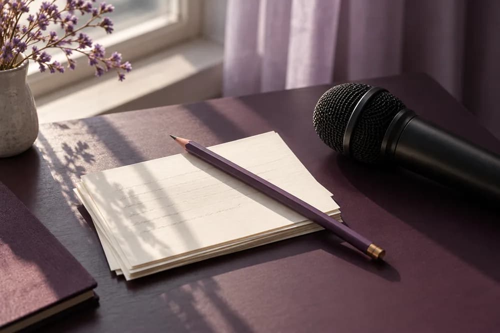 Speech cue cards, a pencil and a microphone ready for rehearsal.